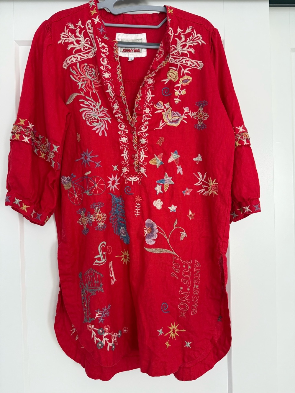 Johnny Was Red Embroidered Floral Star Tunic
